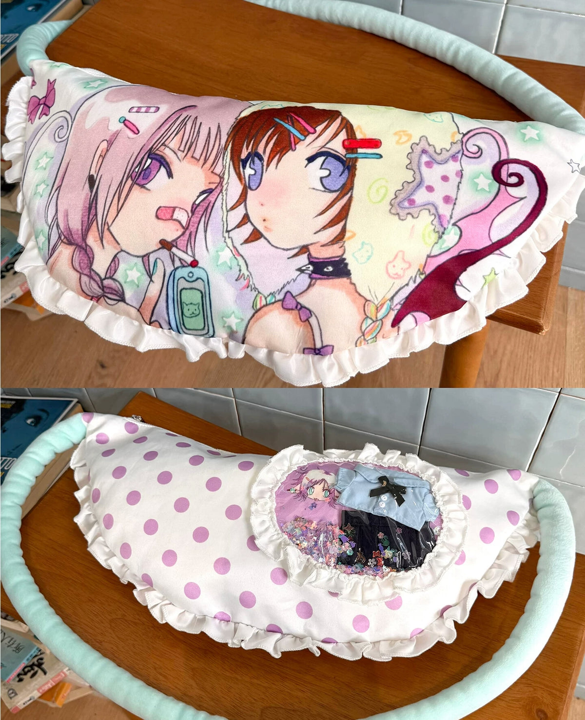 Oliwa x Rukawazx illustrated girl dumpling pillow itabag - front and back view
