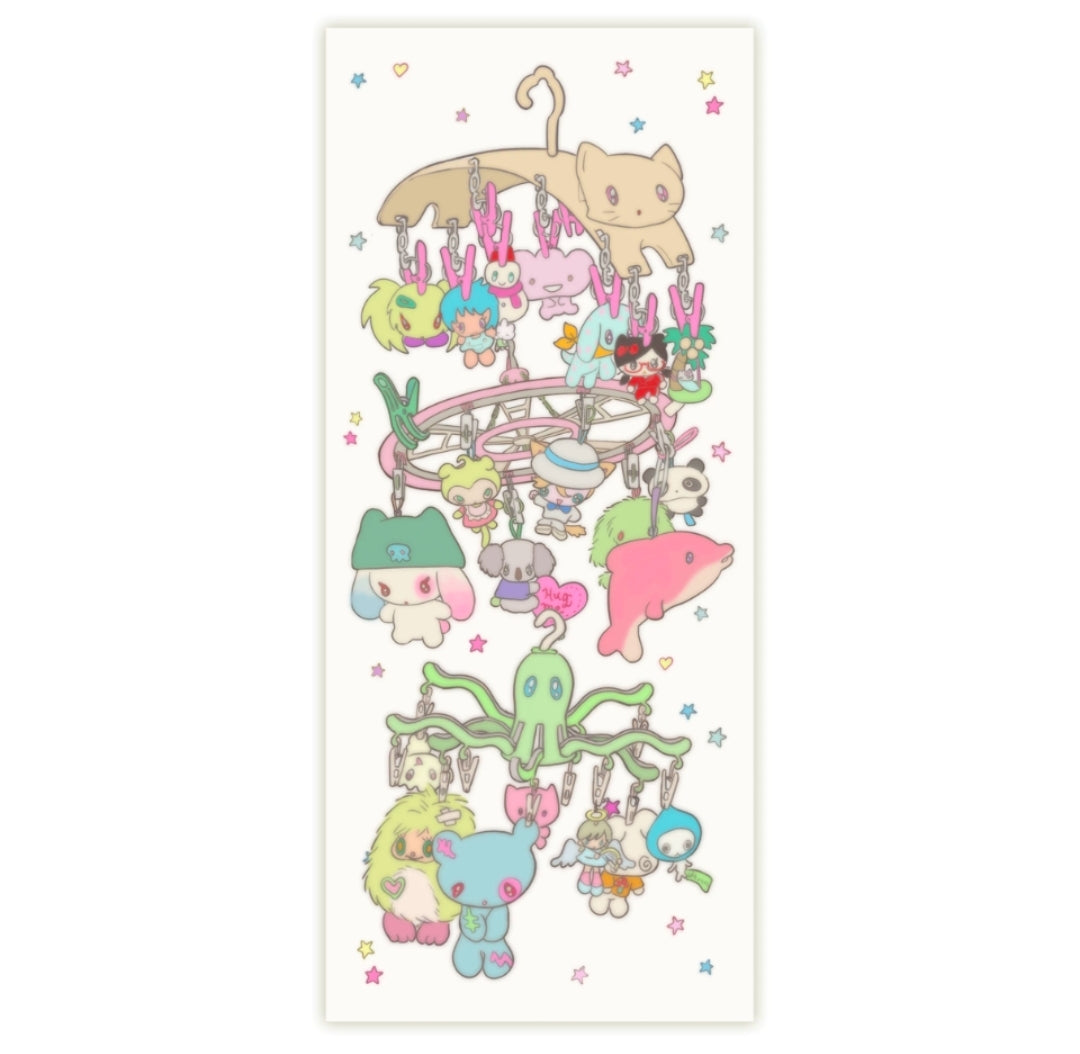sunonebird drying dolls kawaii illustration vertical wall tapestry