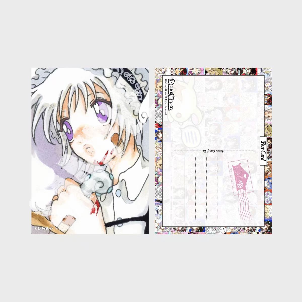 Oliwaz postcard 3 front - brown twin tail girl pink background
