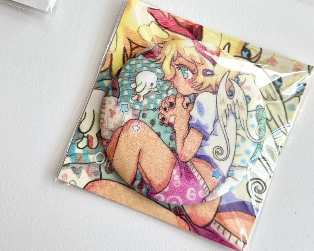Oliwa Angel's Lullaby blonde angel girl square acrylic badge kawaii patchwork background