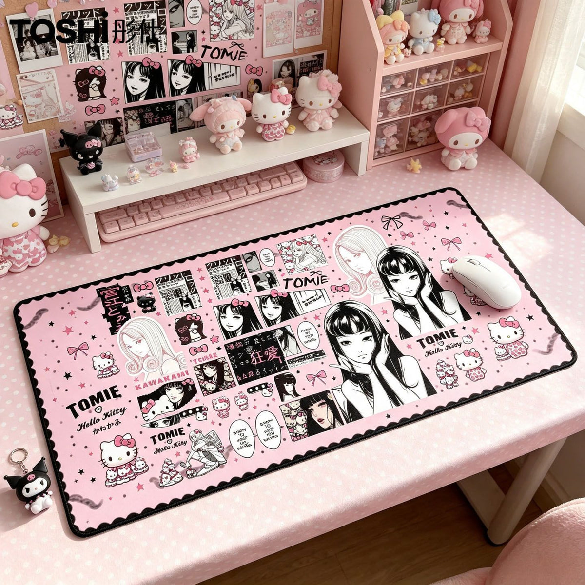 Tomie Kawakami mouse pad on desk with kawaii plushies