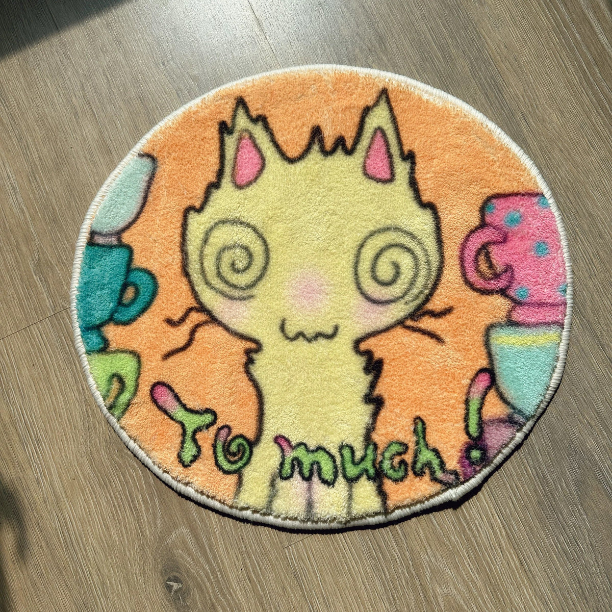 Round cat style rug - Too Much dizzy cat illustration