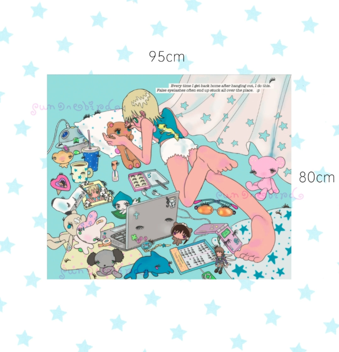 sunonebird false lashes everywhere kawaii illustration wall tapestry 80x95cm