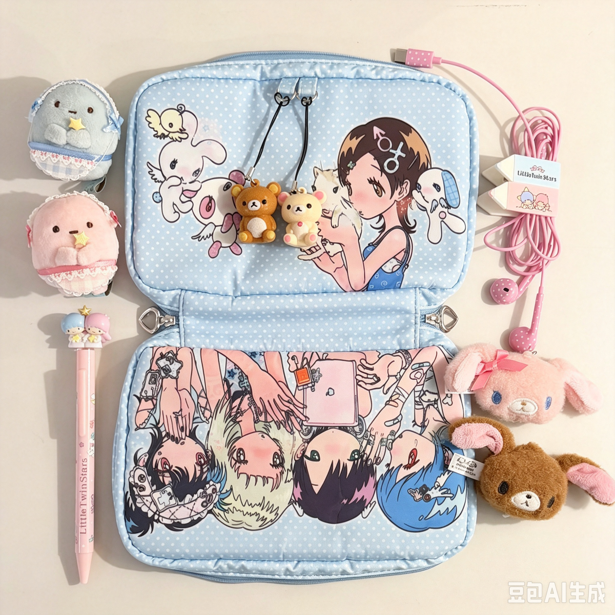 onionion sunonebird blue polka dot storage bag open with kawaii accessories