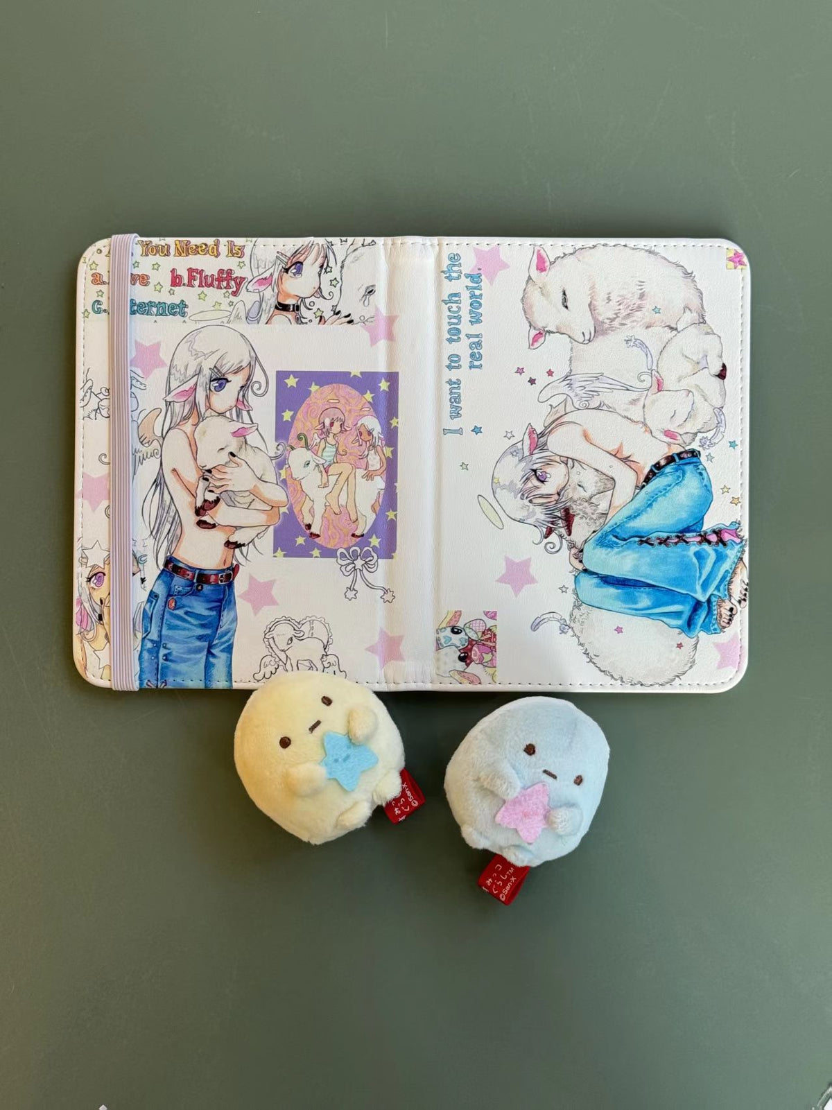 Oliwa original manga passport holder - Hugging Lamb illustration with plush charms, exterior view