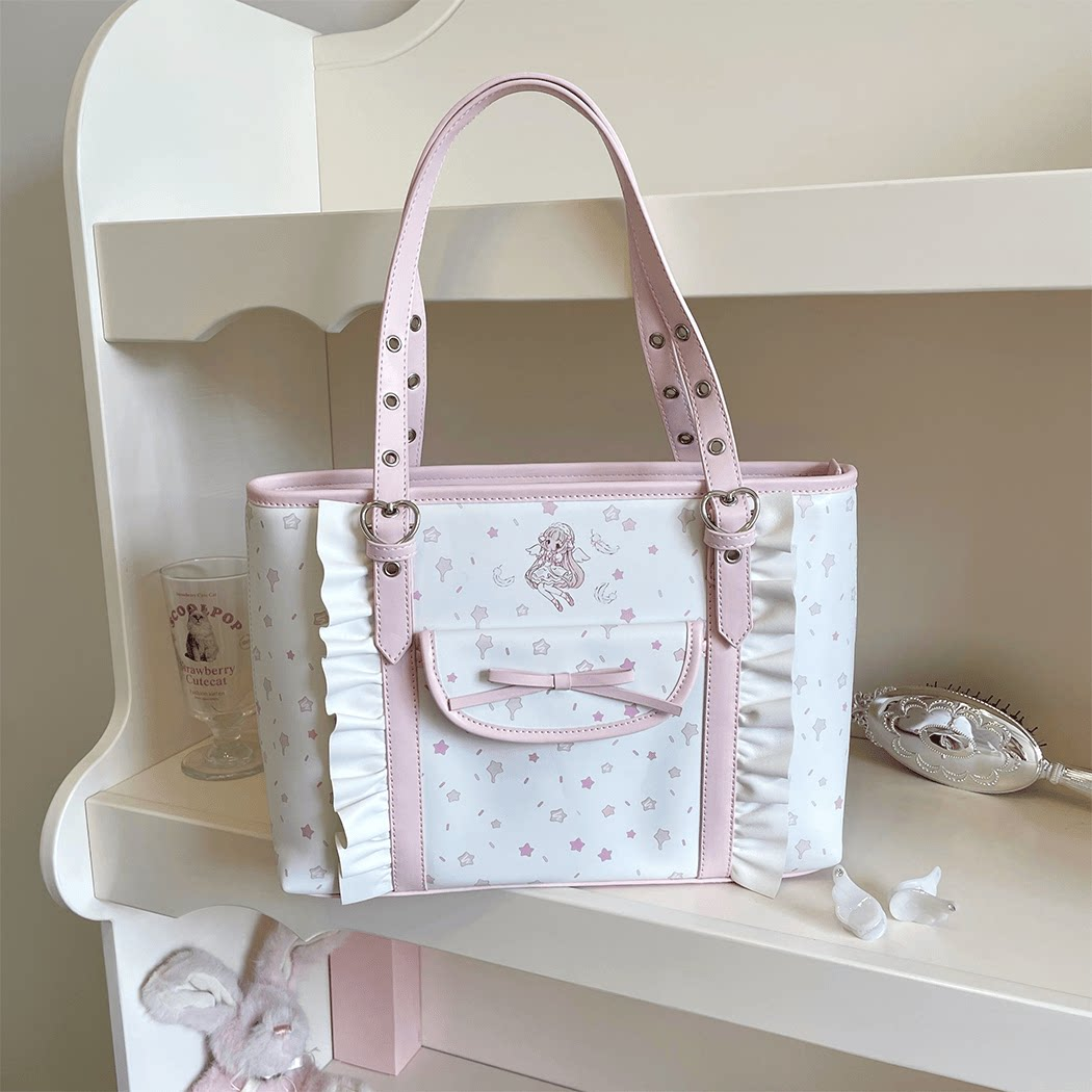 Chi angel kawaii tote bag front view with ruffle trim and bow