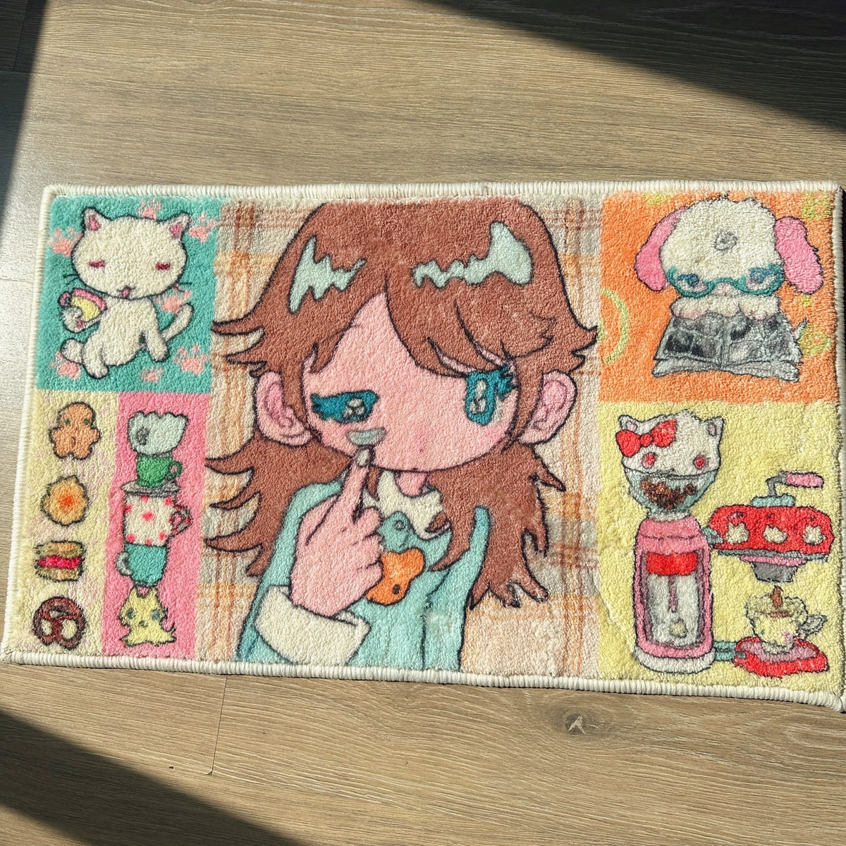 Rectangle patchwork style rug - girl with Sanrio cats and coffee machine