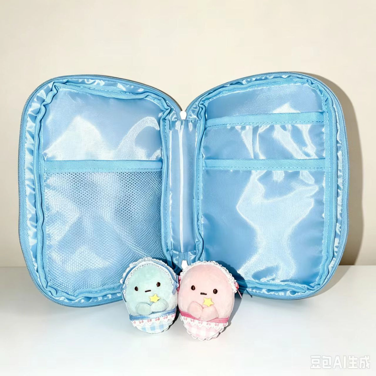 onionion sunonebird blue polka dot storage bag interior pockets