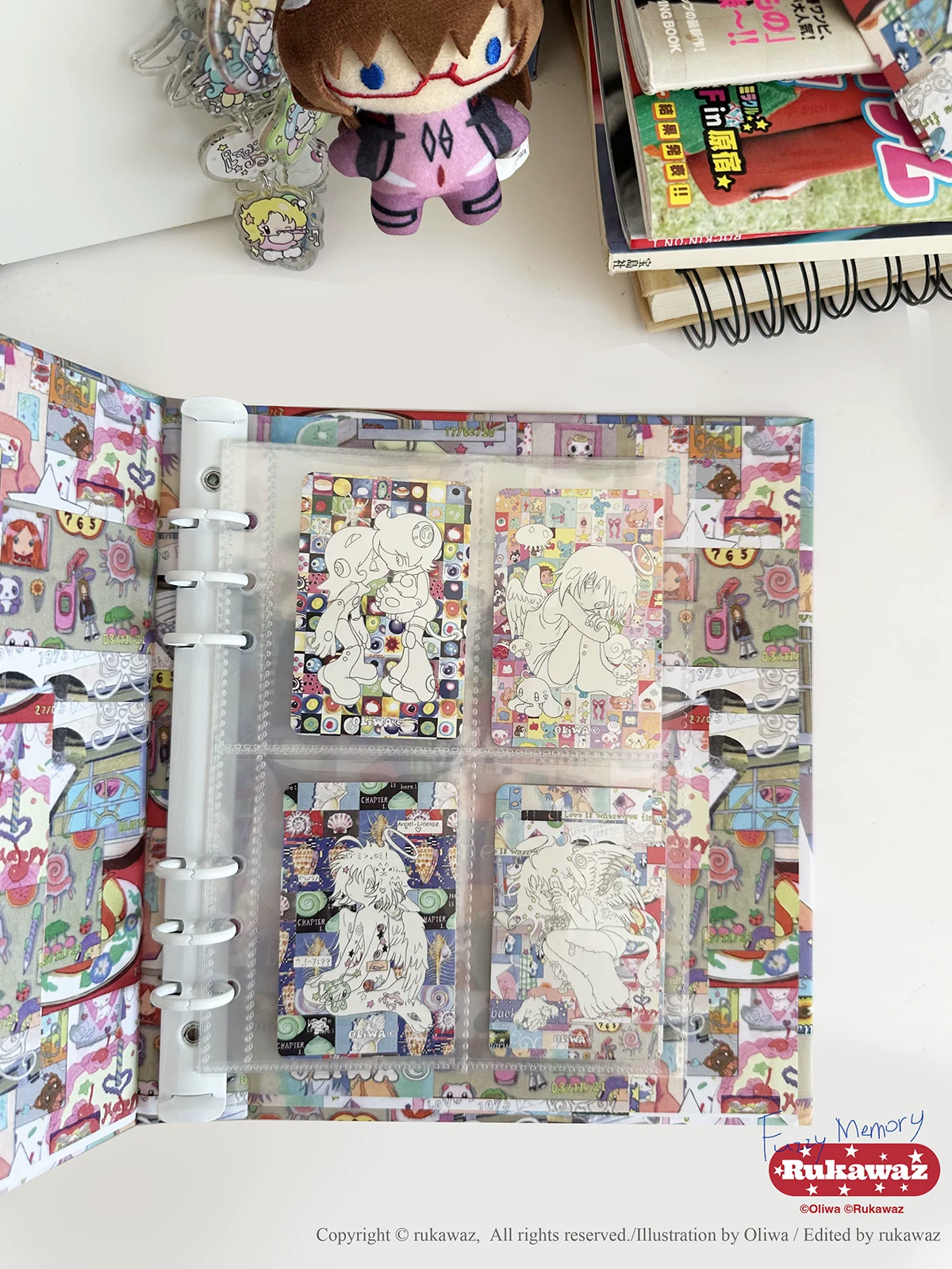 Rukawaz x Oliwa Fuzzy Memory A5 binder open with card sleeves inside