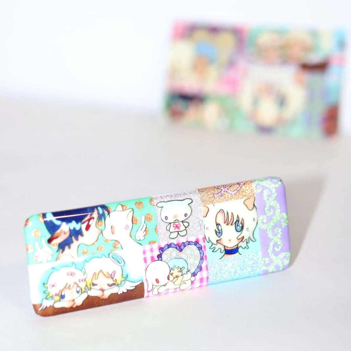 Oliwa Angel's Lullaby rectangular collage acrylic badge glitter gold foil multi-character patchwork