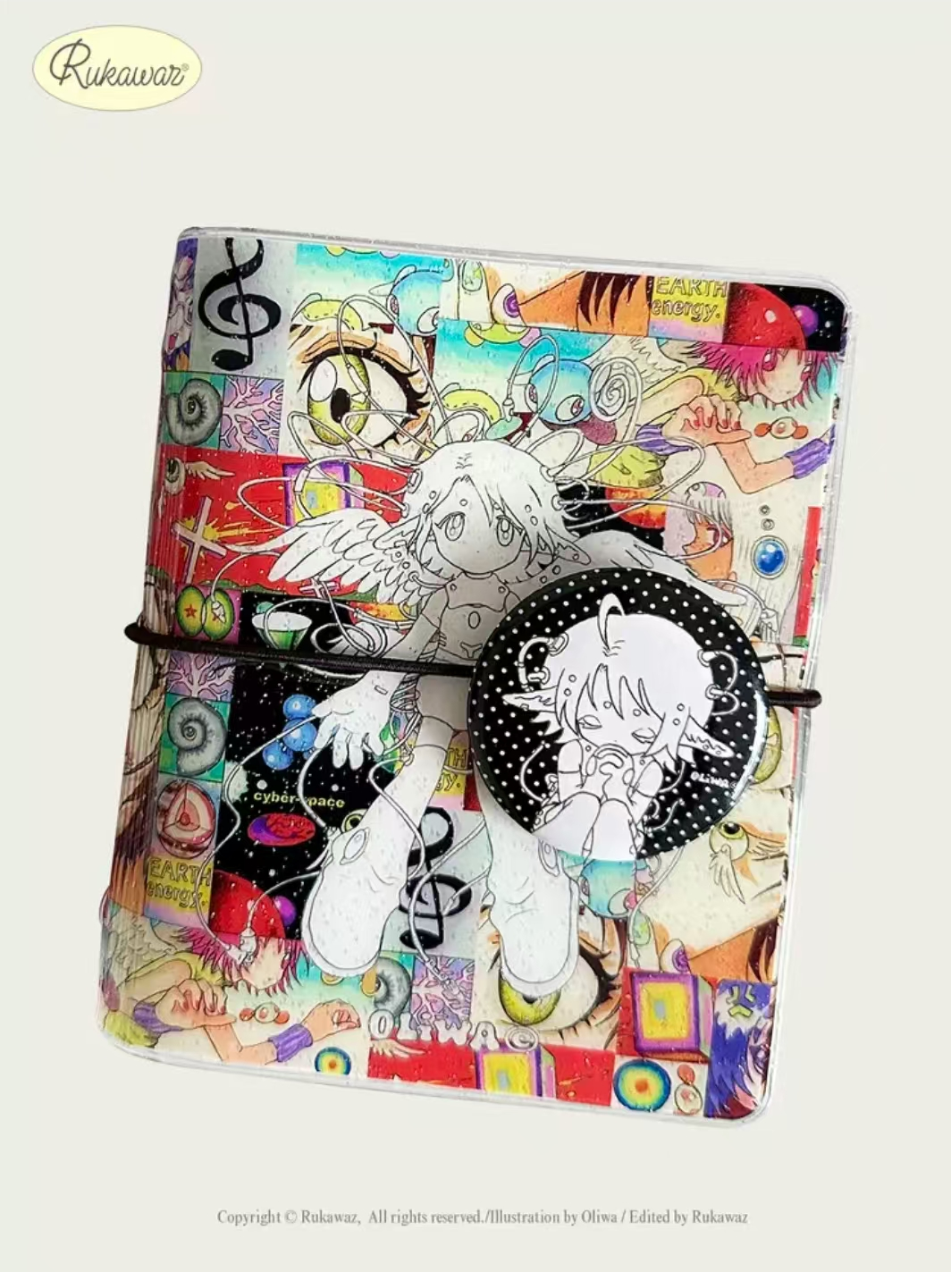 Rukawaz x Oliwa Final Angel M5 binder - manga collage cover with round badge clasp, front view