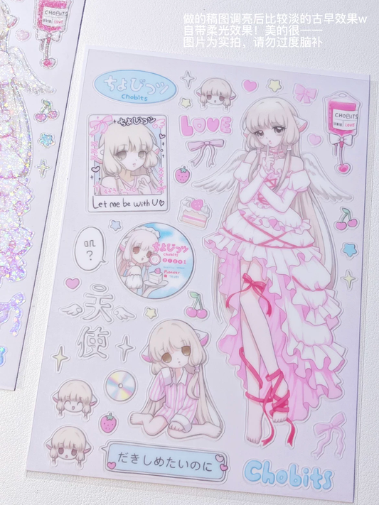 Chobits Chi vintage angel sticker sheet with retro aesthetic and self-luminous finish