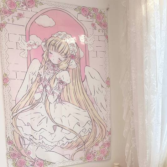Chobits Chii angel wall tapestry – warm golden tone, hung in kawaii bedroom setting