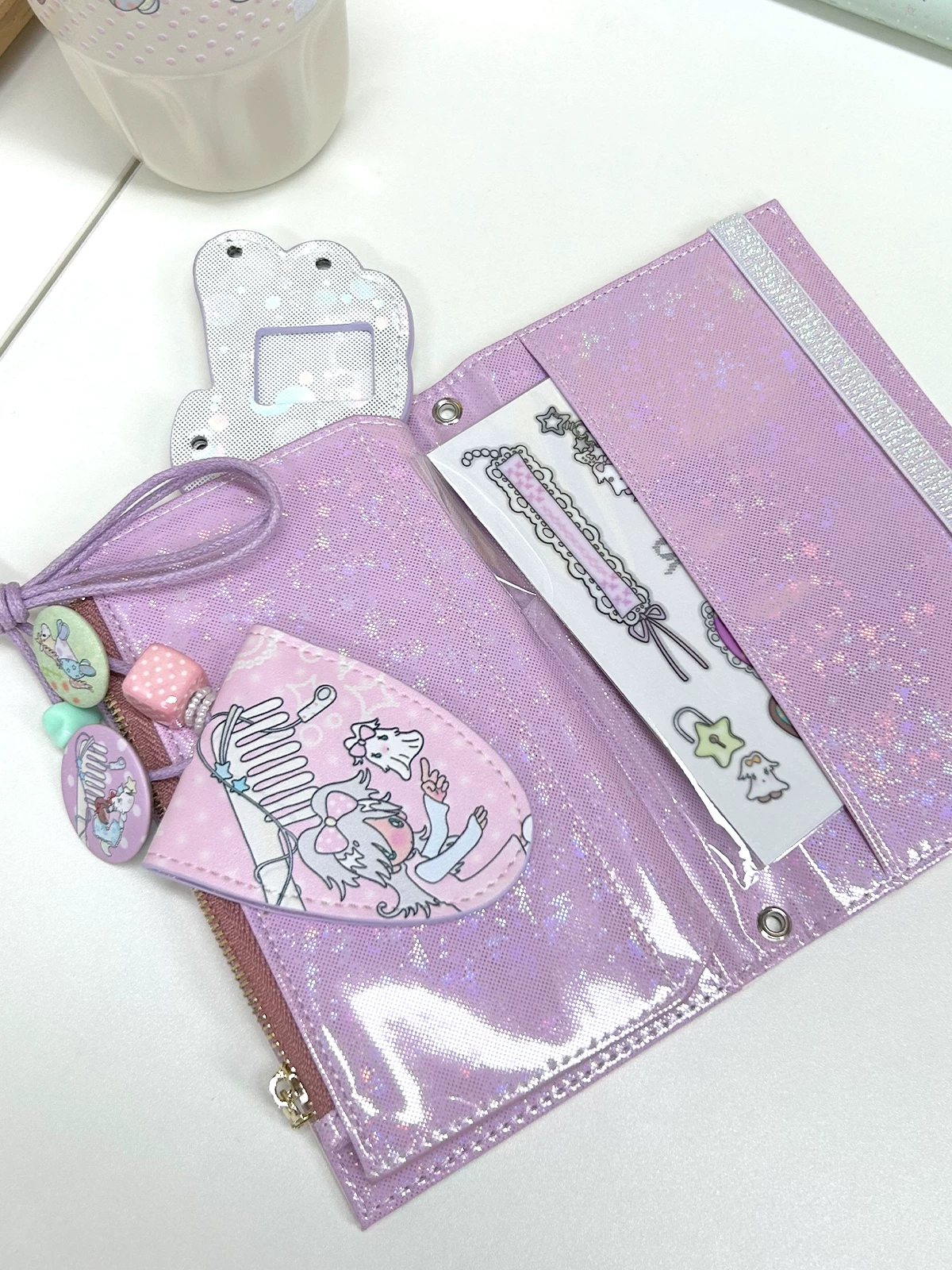 Passport holder open interior lavender glitter with card sleeve and coin pocket
