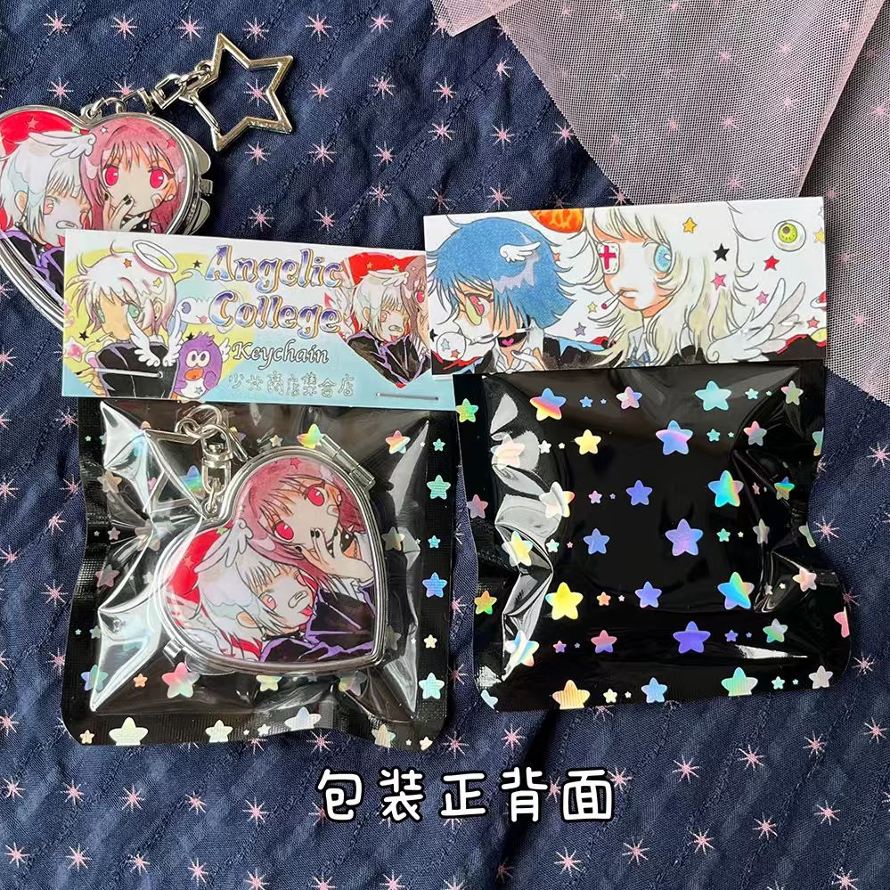 Angelic College heart mirror keychain packaging front and back