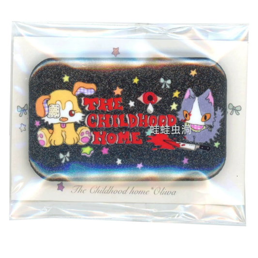 Oliwa The Childhood Home dog and cat black glitter badge with backing card - OPP bag packaging