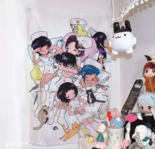 sunonebird nurse cat nap kawaii illustration vertical wall tapestry - scene view