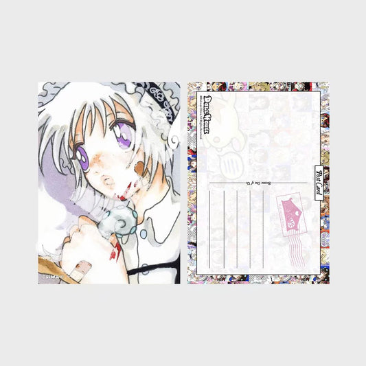 Oliwaz postcard 3 front - brown twin tail girl pink background