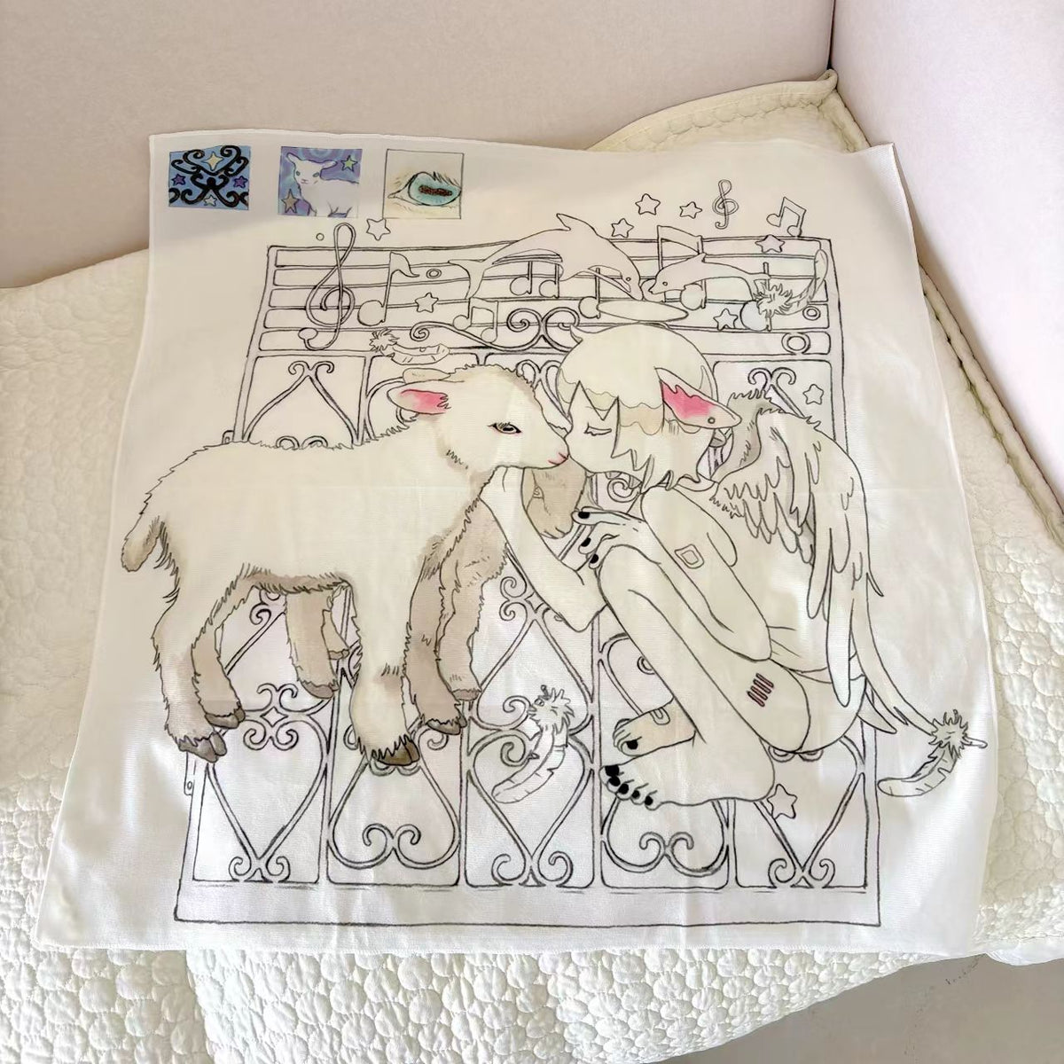 Oliwa×ACCIO Kissing Lamb wall tapestry - draped display