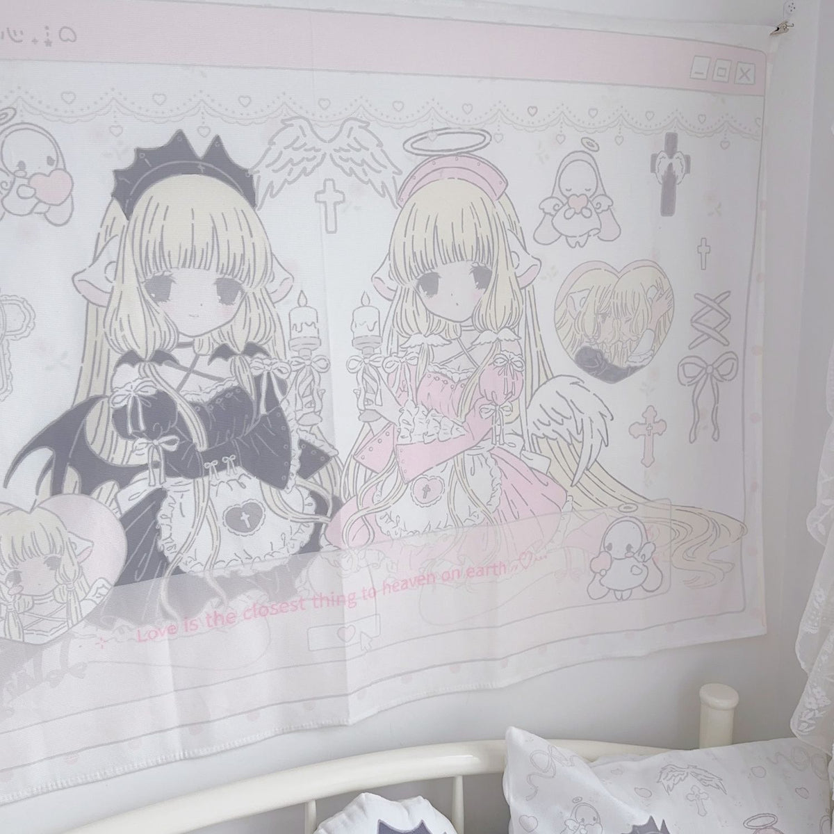Chobits twin girls wall tapestry – close-up of dark angel and white angel Chii illustration