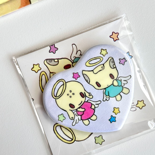 Oliwa Angel's Lullaby heart-shaped acrylic badge chibi puppy and cat angel duo lavender background with OPP bag packaging