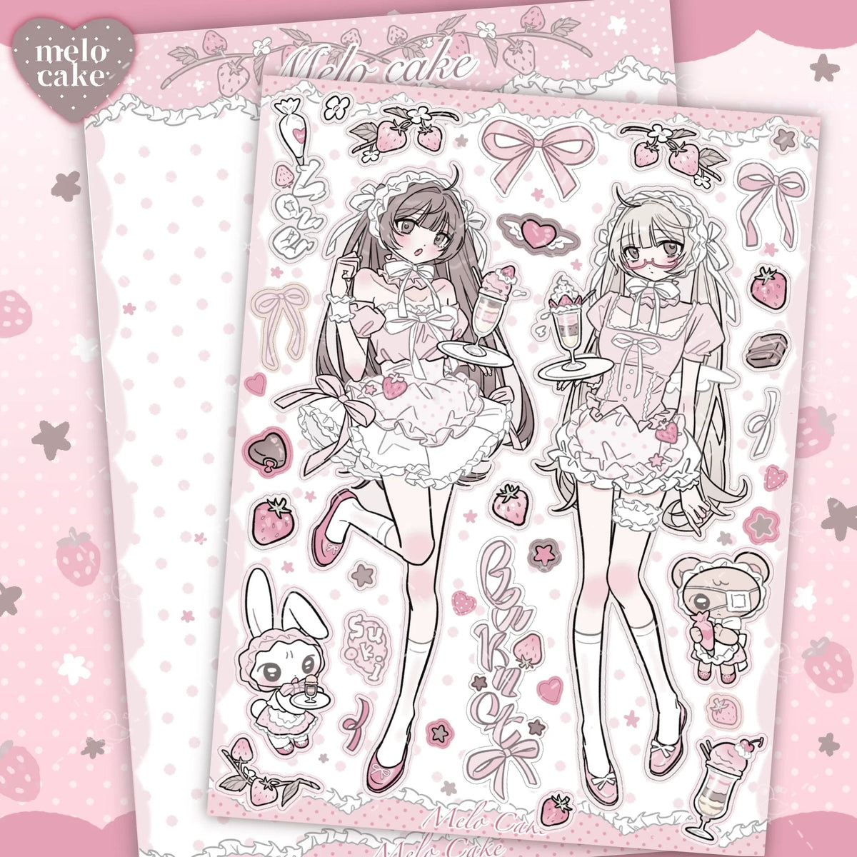 [melo] Strawberry Cafe Maid Twins Matte Sticker