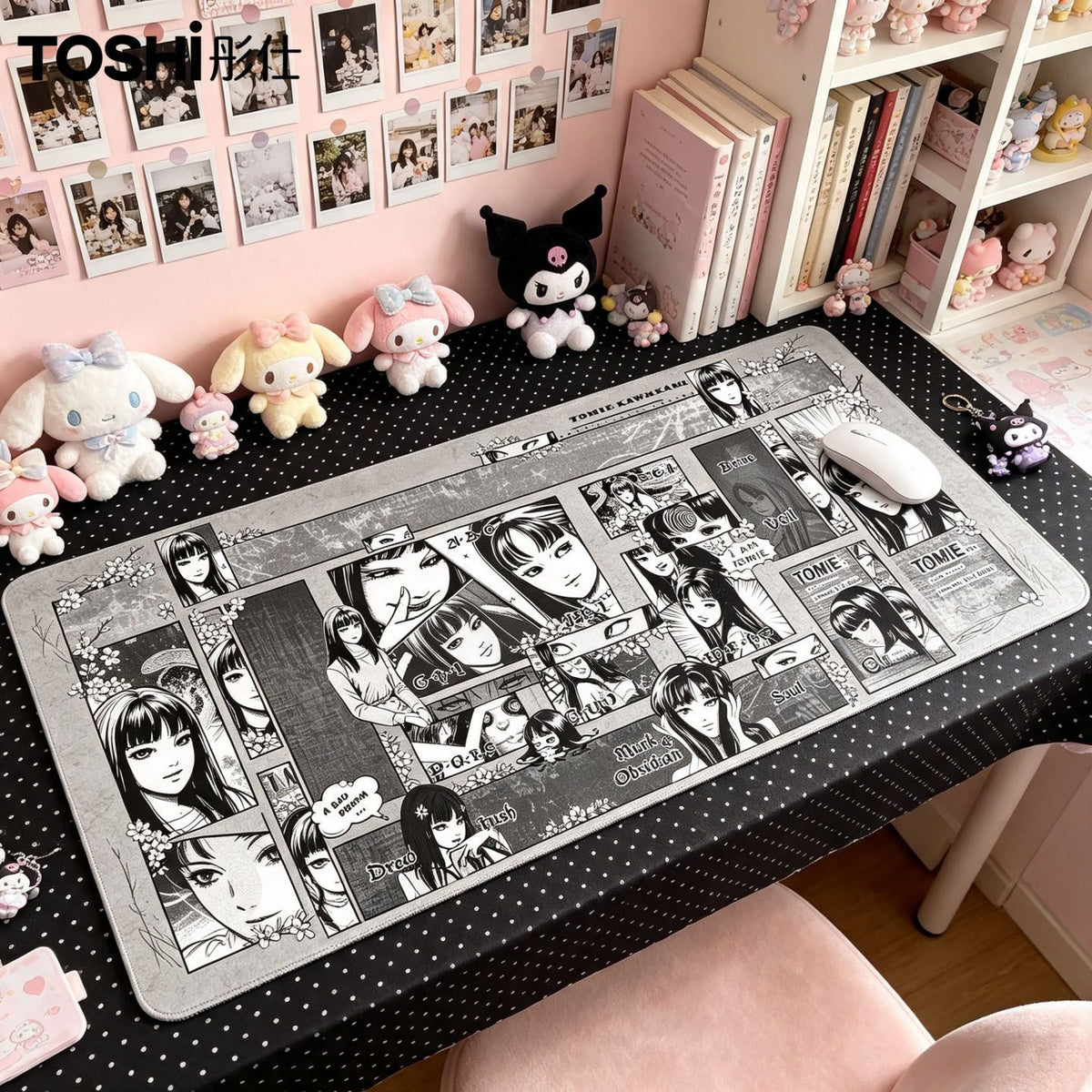 Tomie Kawakami large desk mat on pink desk