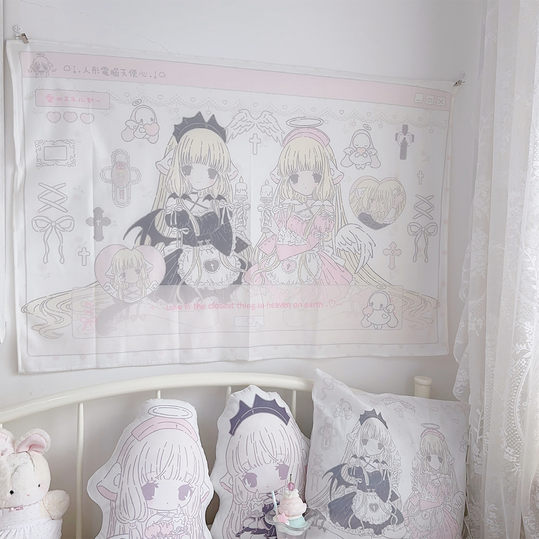 Chobits twin girls wall tapestry – large size hung above bed in kawaii bedroom setting with matching pillows