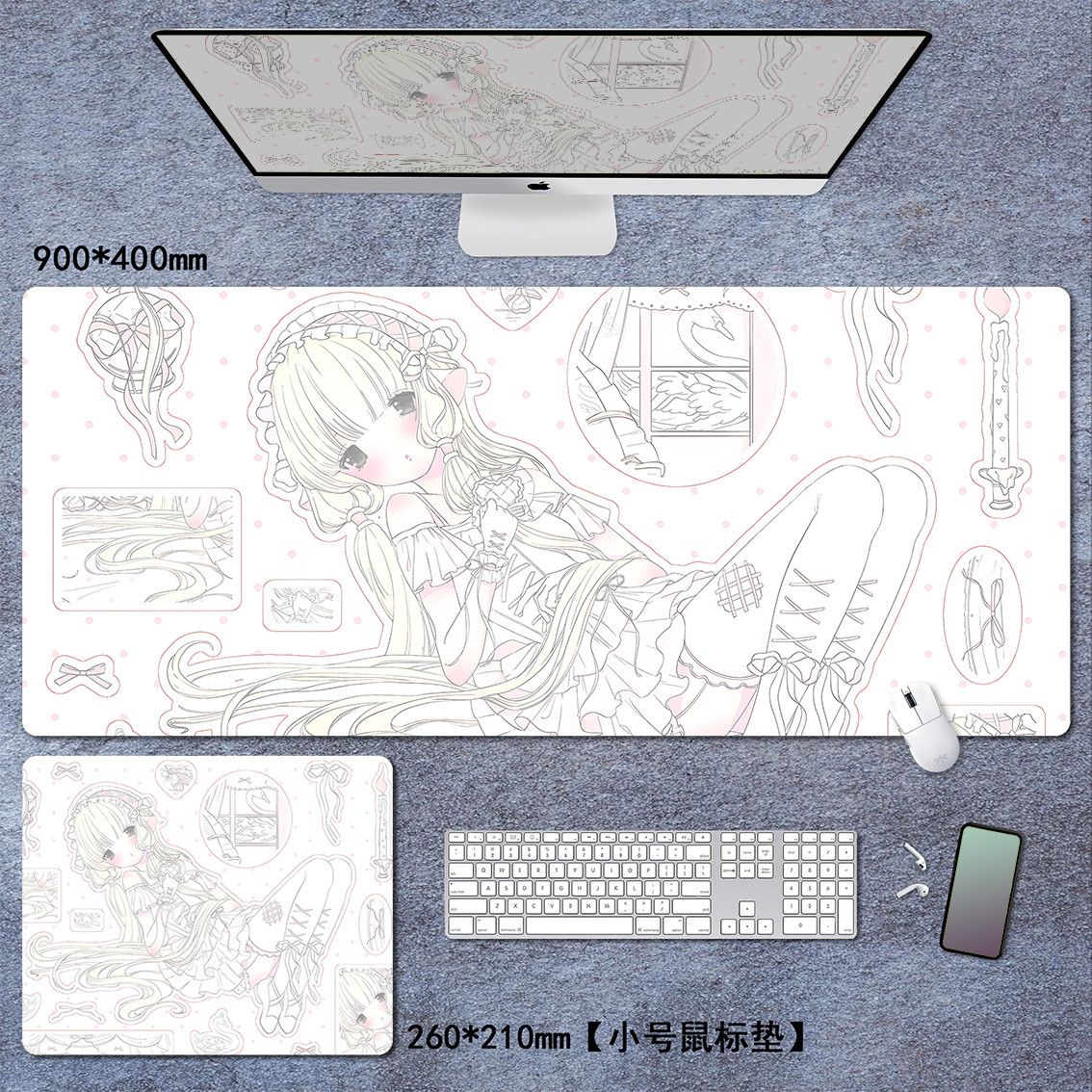 Chobits Chii kawaii mouse pad – large 900x400mm desk mat with soft lolita Chii illustration and small 260x210mm size comparison
