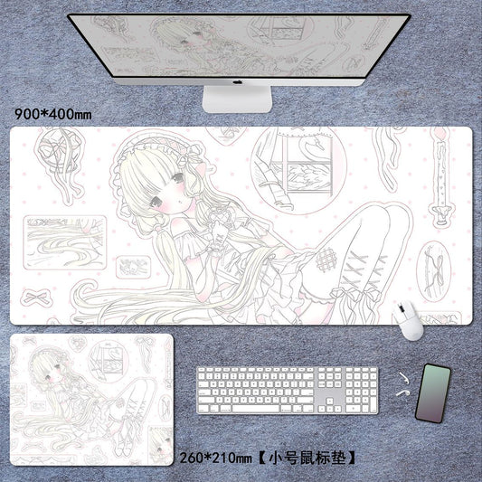 Chobits Chii kawaii mouse pad – large 900x400mm desk mat with soft lolita Chii illustration and small 260x210mm size comparison
