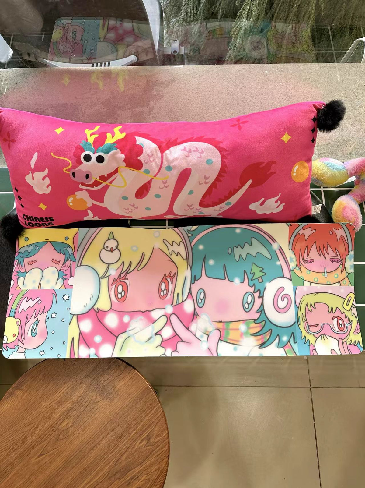 Sunonebird×ACCIO girl collage desk mat - full view with dragon pillow