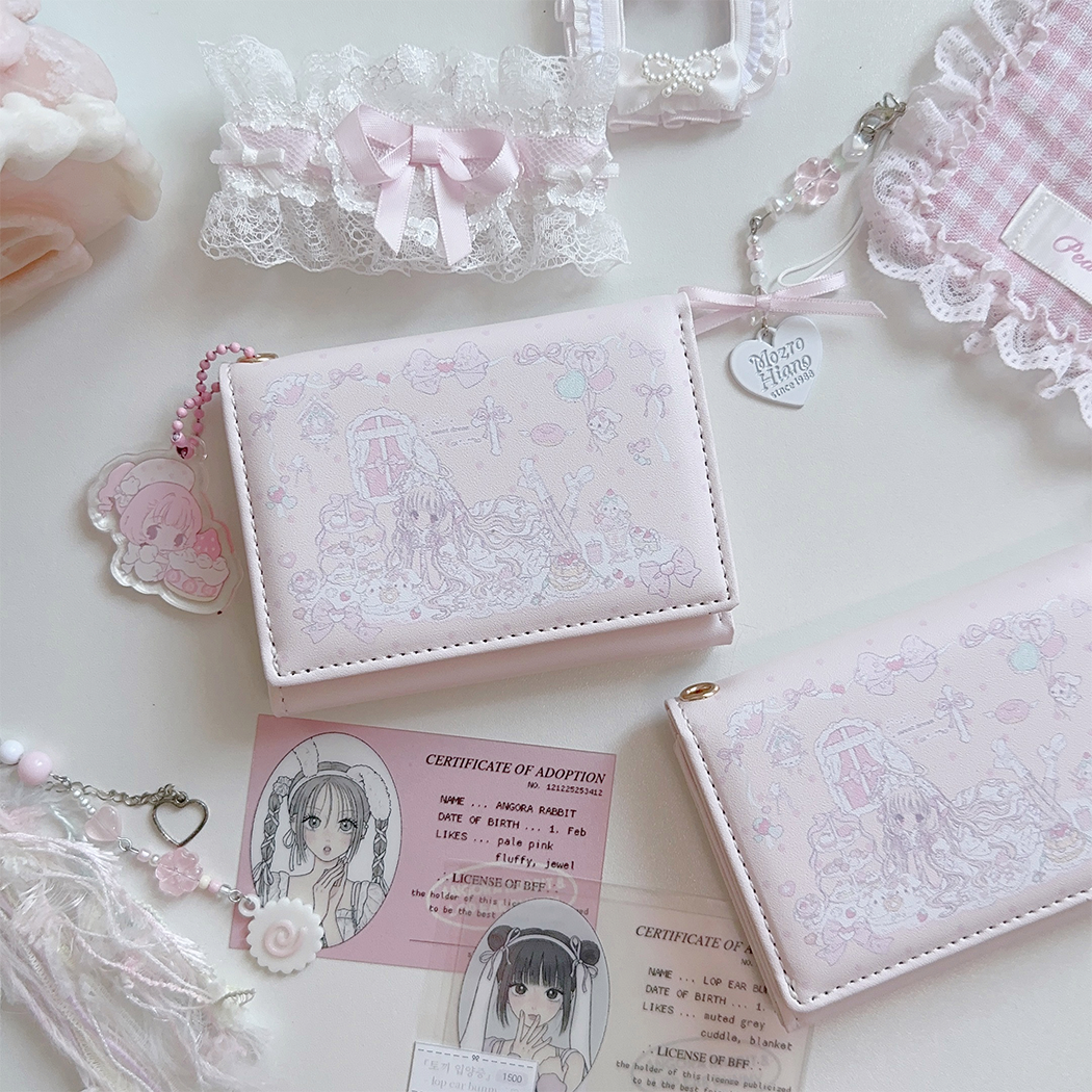 Chobits Chii tea party tri-fold wallet – closed front cover with embossed illustration and bead charm