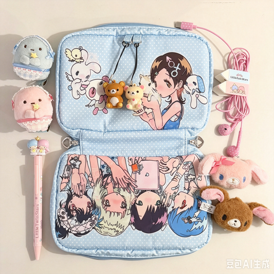 onionion sunonebird blue polka dot storage bag open with kawaii accessories
