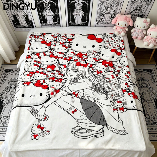 Tomie x Hello Kitty dark gold kimono blanket on bed