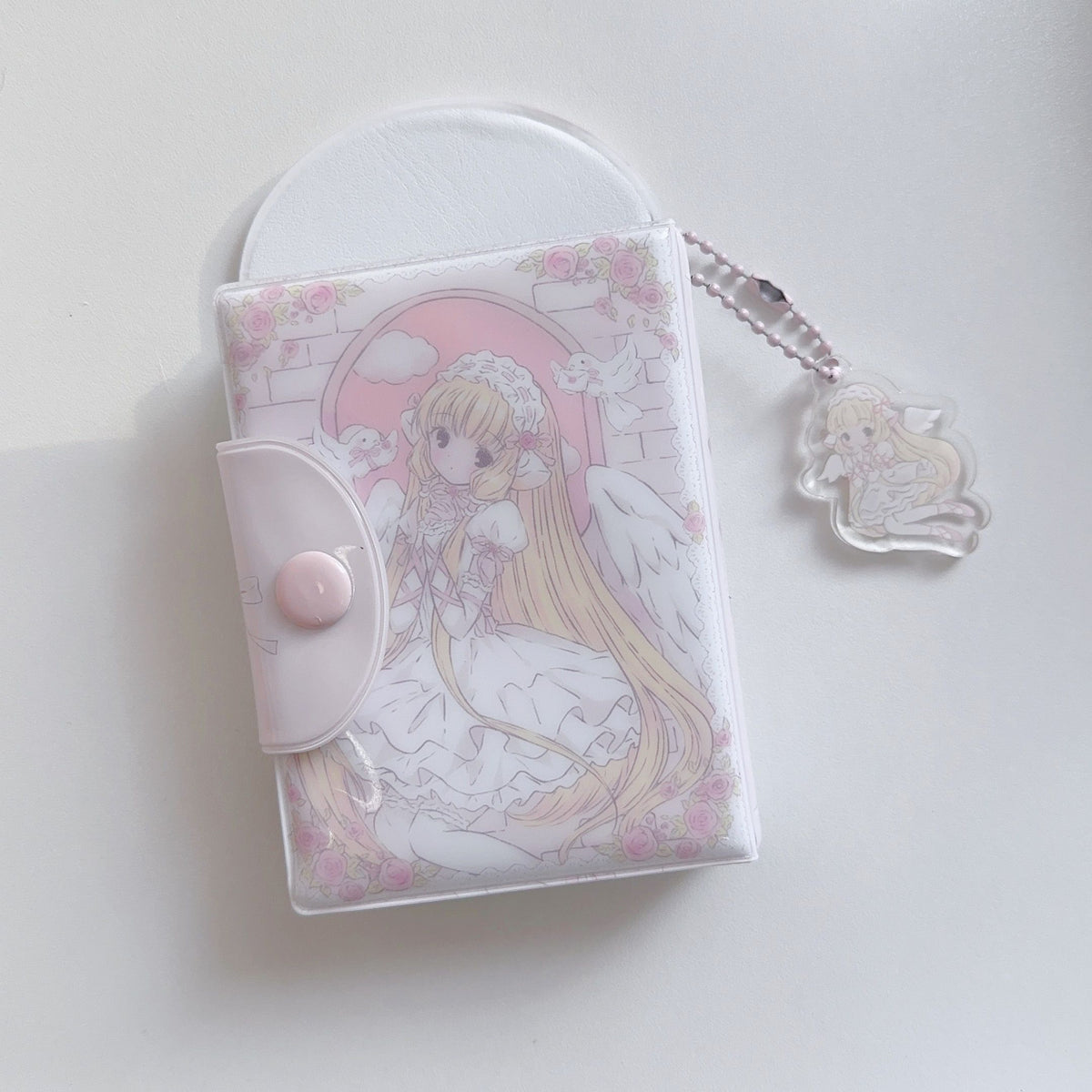 Chobits Chii bride card binder – back cover view with acrylic keychain charm