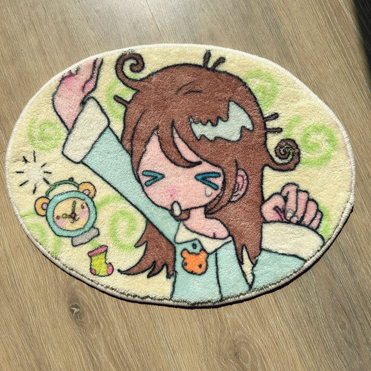 Oval girl style rug - sleepy girl with alarm clock