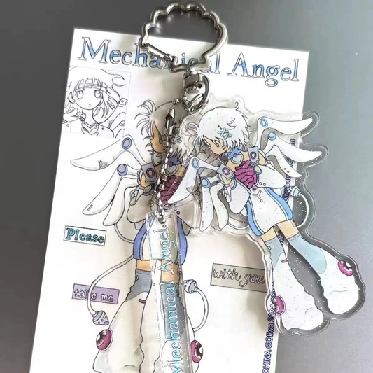 Oliwa Mechanical Angel double character acrylic keychain set with cloud carabiner and backing card