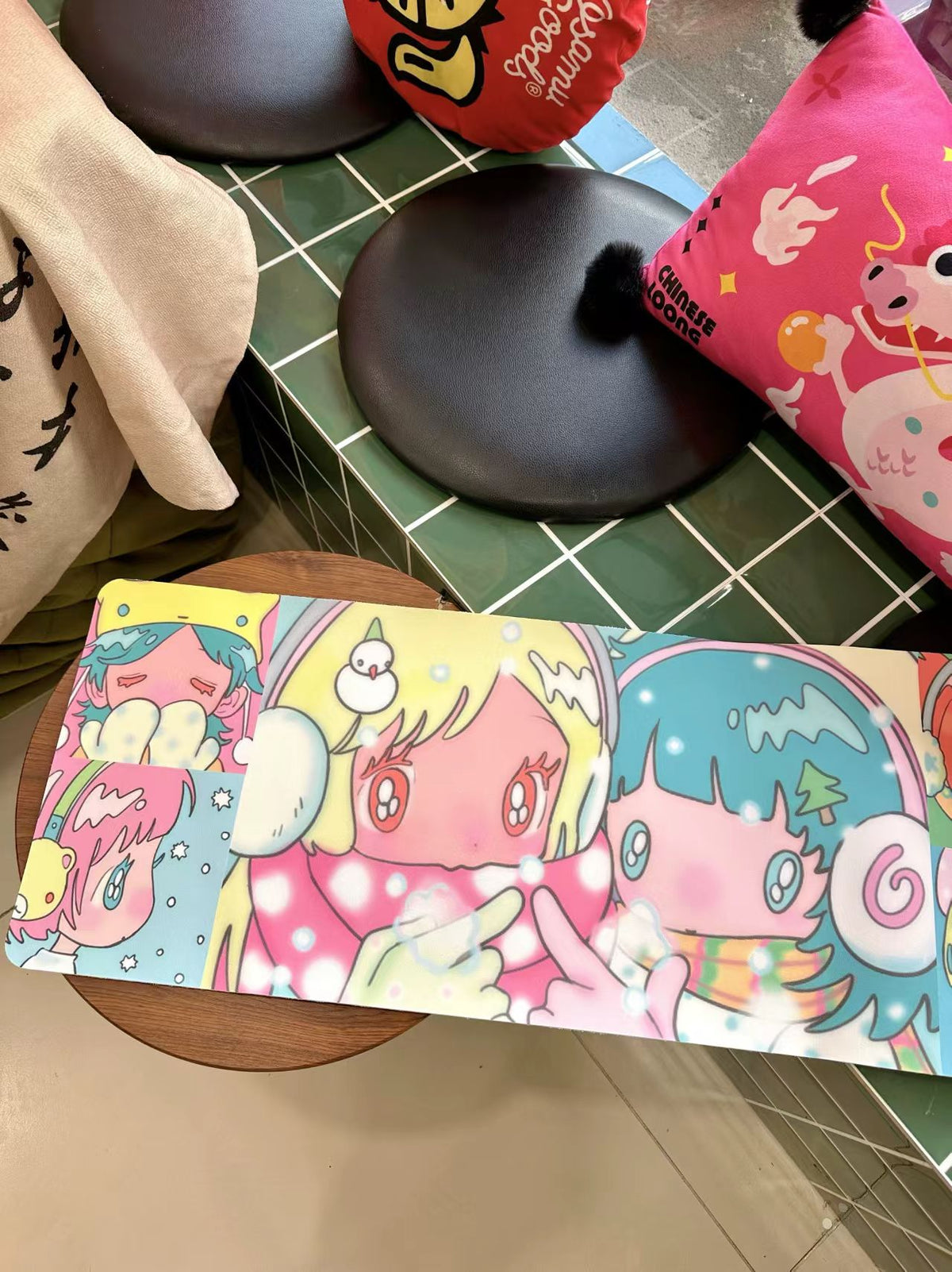 Sunonebird×ACCIO girl collage desk mat - close-up illustration detail