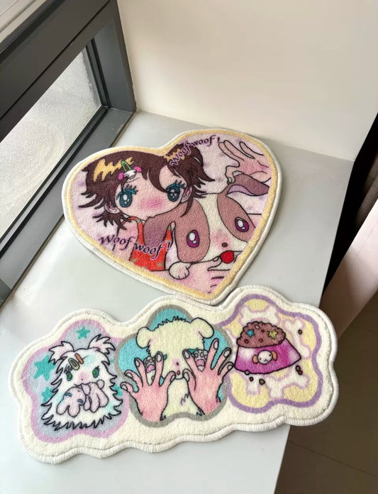 ACCIO x Niaoniaoy woof woof heart and cloud shaped plush rug set - both rugs displayed together