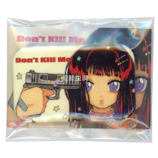 Oliwa Don't Kill Me girl and gun badge with backing card - OPP bag packaging