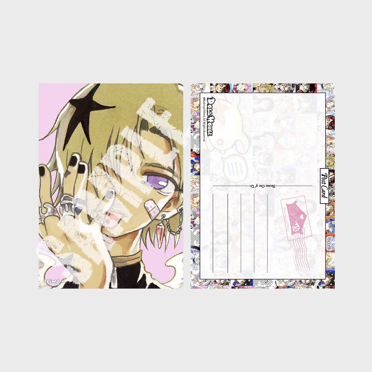 Oliwa postcard 11 - blonde boy black nails purple eyes pink background