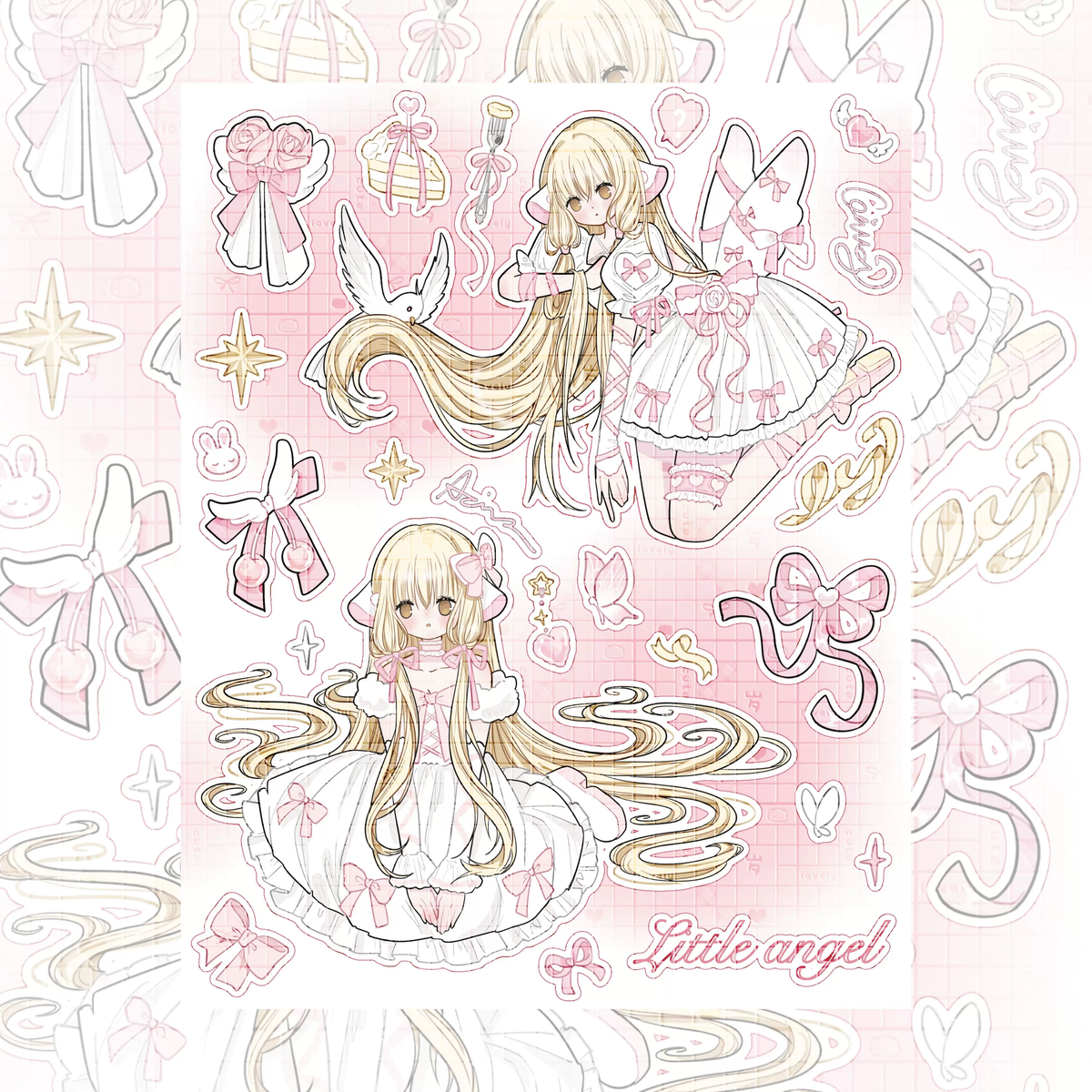 Chobits Little Angel Chi lolita sticker sheet with pink grid background and bow motifs