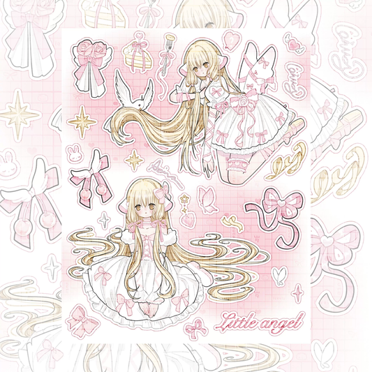 Chobits Little Angel Chi lolita sticker sheet with pink grid background and bow motifs