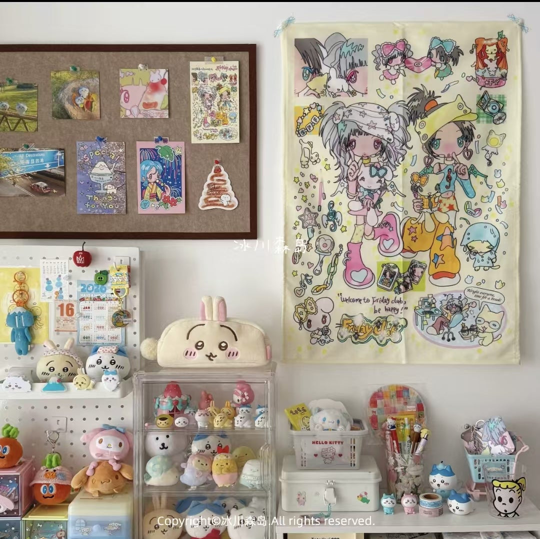 Friday Club vertical tapestry displayed on bedroom wall in kawaii room setting