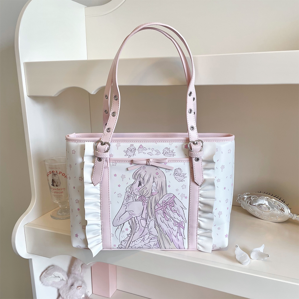 Chi angel kawaii tote bag back view with star print and front pocket
