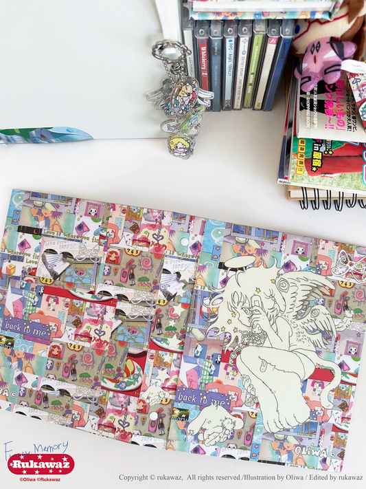 Rukawaz x Oliwa Fuzzy Memory A5 binder cover flat lay with accessories