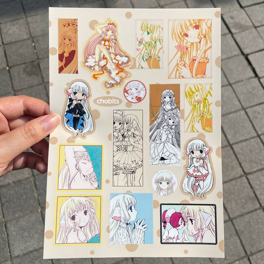Chobits manga original art sticker sheet with Chi and Freya on cream polka-dot background