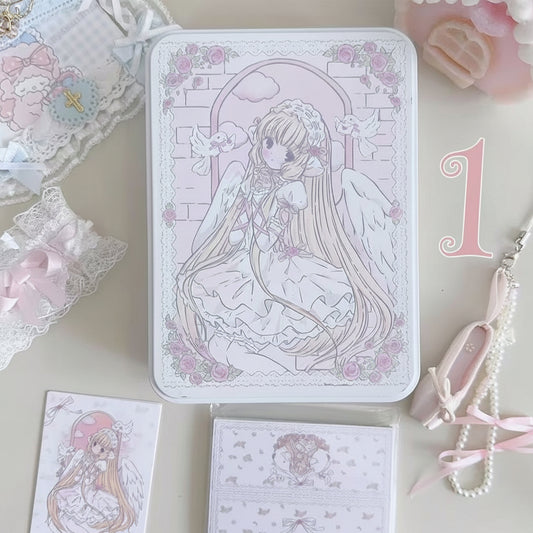 Chobits Chi large tin box close-up with angel wing lolita artwork and bonus cards