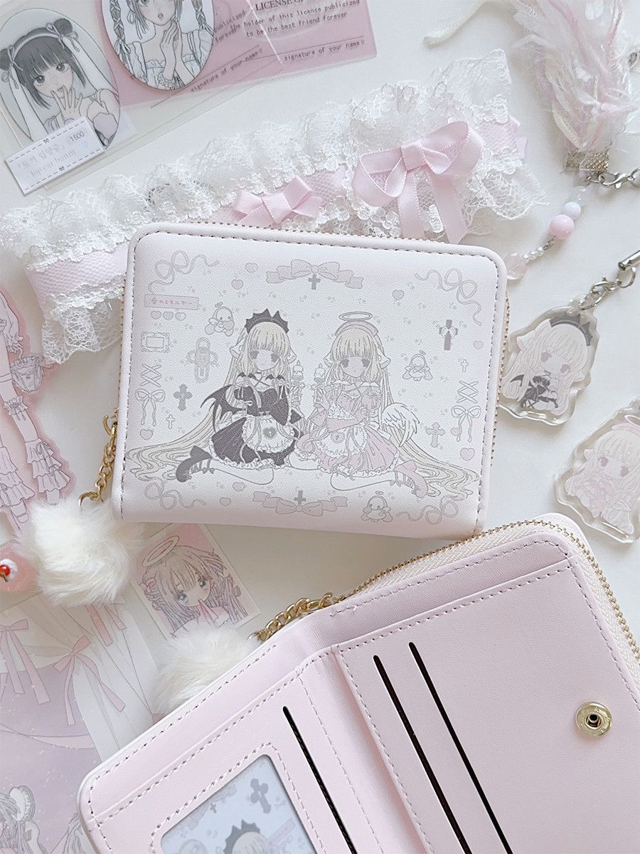 Chobits Chii kawaii tri-fold wallet – white PU embossed cover with pom-pom charm and pink interior