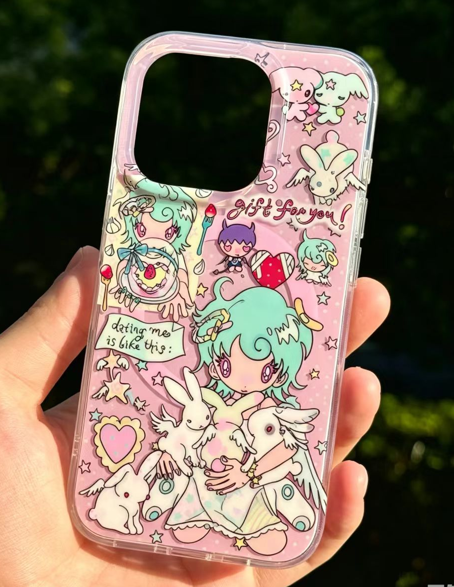 sunonebird pink angel girl kawaii iPhone case held in hand